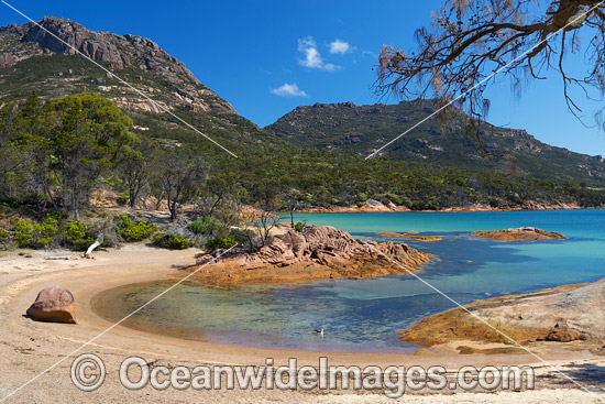 Honeymoon Bay and The Hazards mountain range. Freycinet Natiional Park, Tasmania, Australia. Photo - Gary Bell Honeymoon Bay and The Hazards mountain range. Freycinet Natiional Park, Tasmania, Australia. Photo - Gary Bell