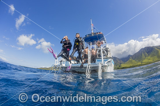 Scuba Divers entering the water by jump entry off the back of a dive boat. Maui, Hawaii, Pacific Ocean, USA. Photo - David Fleetham Scuba Divers entering the water by jump entry off the back of a dive boat. Maui, Hawaii, Pacific Ocean, USA. Photo - David Fleetham