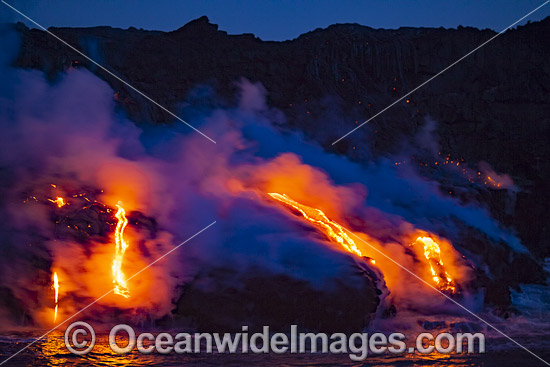 The Pahoehoe lava flowing from Kilauea Volcano has reached the Pacific Ocean near Kalapana, Big Island, Hawaii, Pacific Ocean, USA. Photo - David Fleetham The Pahoehoe lava flowing from Kilauea Volcano has reached the Pacific Ocean near Kalapana, Big Island, Hawaii, Pacific Ocean, USA. Photo - David Fleetham