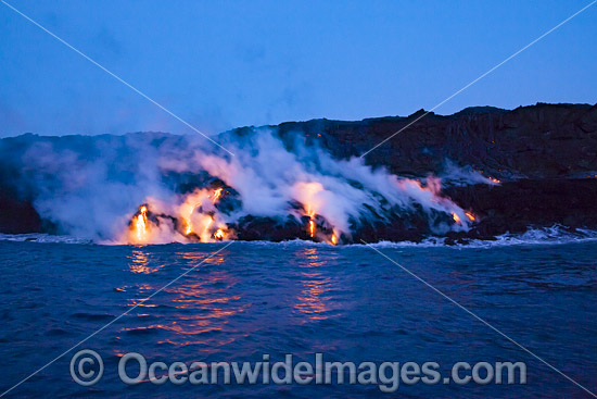 The Pahoehoe lava flowing from Kilauea Volcano has reached the Pacific Ocean near Kalapana, Big Island, Hawaii, Pacific Ocean, USA. Photo - David Fleetham The Pahoehoe lava flowing from Kilauea Volcano has reached the Pacific Ocean near Kalapana, Big Island, Hawaii, Pacific Ocean, USA. Photo - David Fleetham