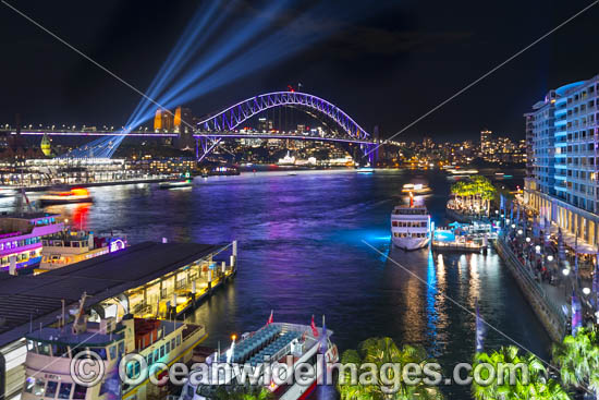 Sydney Harbour Bridge and City decorated in video light during Vivid Sydney's 2017 festival of light, music and ideas. Sydney, New South Wales, Australia. Photo - Gary Bell