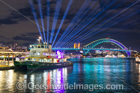 Sydney Harbour Bridge and City decorated in video light during Vivid Sydney's 2017 festival of light, music and ideas. Sydney, New South Wales, Australia. Photo - Gary Bell