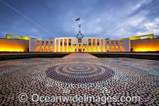 Parliament House at night, Capital Hill, Canberra. Parliament House is the meeting facility of the Parliament of Australia, situated in the Australian Capital Territory, Australia. Photo - Gary Bell