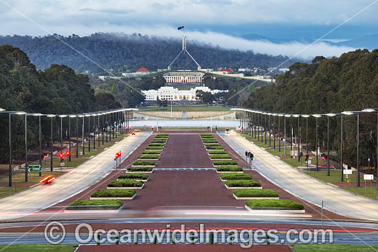 Parliament House on Capital Hill, looking down Anzac Ave, Canberra. Parliament House is the meeting facility of the Parliament of Australia, situated in the Australian Capital Territory, Australia. Photo - Gary Bell