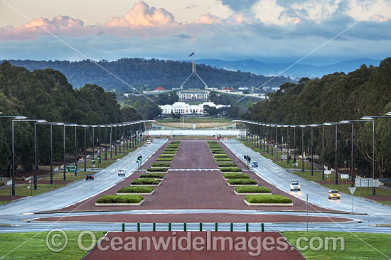 Parliament House on Capital Hill, looking down Anzac Ave, Canberra. Parliament House is the meeting facility of the Parliament of Australia, situated in the Australian Capital Territory, Australia. Photo - Gary Bell