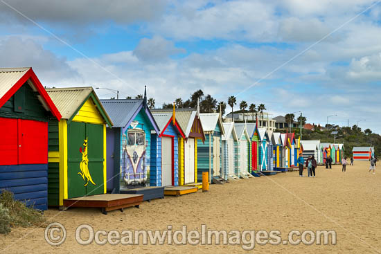 Brighton Beach famous bathing boxes, or boatsheds, situated on Brighton beach near Melbourne. Port Phillip Bay, Victoria, Australia. Photo - Gary Bell