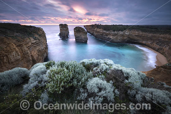 Port Campbell National Park, showing sea stacks, Tom and Eva, named after the two teenage survivors of the Loch Ard shipwreck. Previously known as Island Archway, but renamed after the land bridge collapsed in 2009. Vic, Australia. Photo - Gary Bell