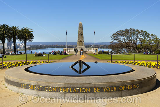 Eternal flame with State War Memorial behind. Kings Park, Perth, Western Australia. Photo - Gary Bell