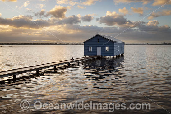 Sunrise at Crawley Edge Boatshed, also known as the Blue Boat House, on the Swan River. Perth, Western Australia. Photo - Gary Bell Sunrise at Crawley Edge Boatshed, also known as the Blue Boat House, on the Swan River. Perth, Western Australia. Photo - Gary Bell