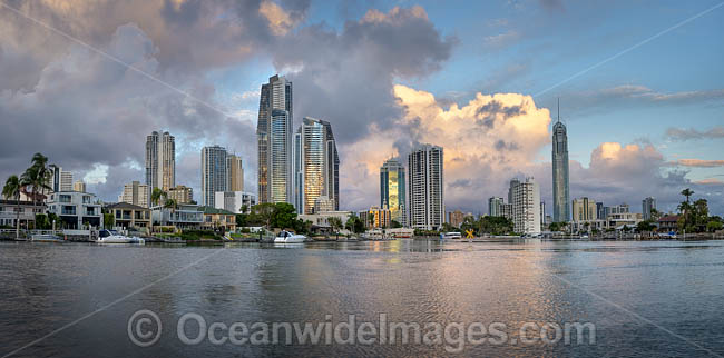 Dusk view of the city of Surfers Paradise, including the skyscraper building Q1. Surfers Paradise, Queensland, Australia. Photo - Gary Bell