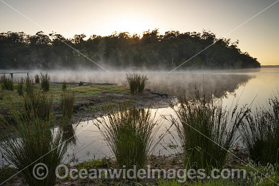 Morning mist over Wallaga Lake, near Bermagui, New South Wales, Australia. Photo - Gary Bell