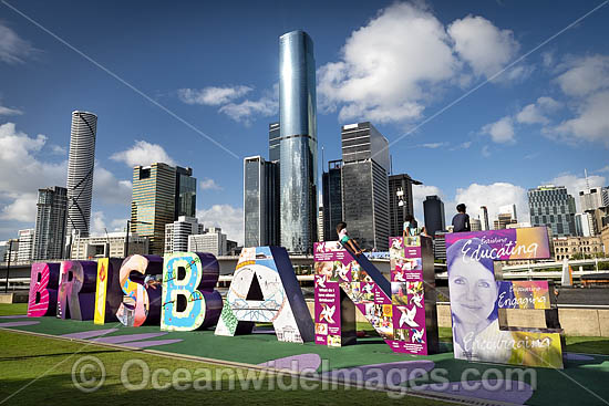 View of the Brisbane Sign and Brisbane City. South Bank, Brisbane, Queensland, Australia. Photo - Gary Bell