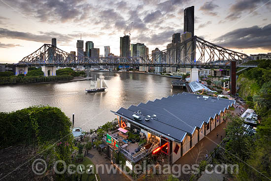 View overlooking Howard Smith Wharves and Brisbane River to the Story Bridge and Brisbane City during dusk. Brisbane, Queensland, Australia. Photo - Gary Bell