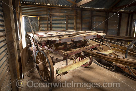 Old horse drawn dray wagon resting in the historic Kinchega Woolshed, situated in Kinchega National Park, near outback Menindee, New South Wales, Australia. Photo - Gary Bell Old horse drawn dray wagon resting in the historic Kinchega Woolshed, situated in Kinchega National Park, near outback Menindee, New South Wales, Australia. Photo - Gary Bell
