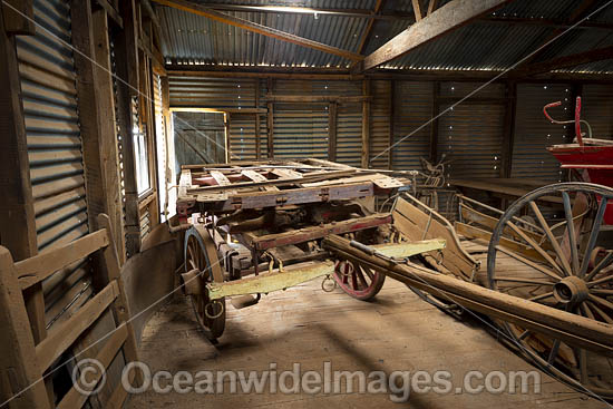 Old horse drawn dray wagon resting in the historic Kinchega Woolshed, situated in Kinchega National Park, near outback Menindee, New South Wales, Australia. Photo - Gary Bell Old horse drawn dray wagon resting in the historic Kinchega Woolshed, situated in Kinchega National Park, near outback Menindee, New South Wales, Australia. Photo - Gary Bell