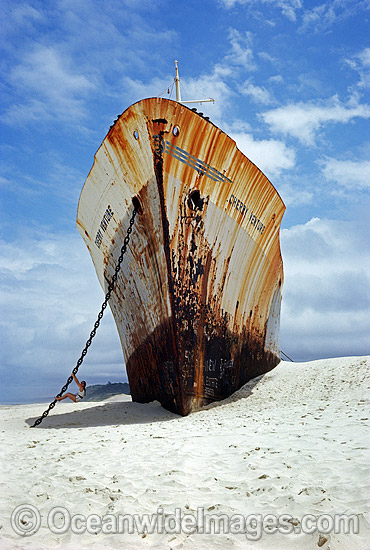 Freighter shipwreck, 'Cherry Venture', was blown ashore and wrecked on Teewah Beach during a cyclone in 1973. Queensland, Australia. Photo - Gary Bell