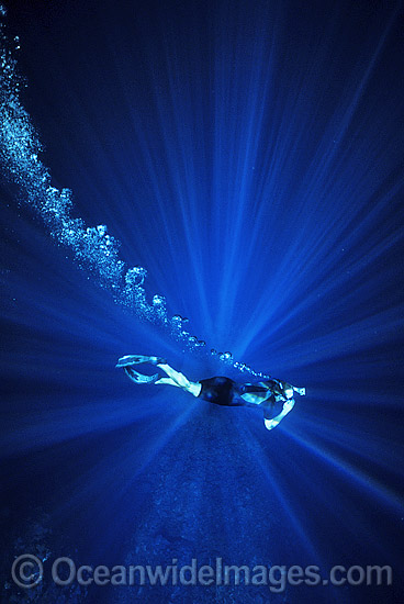 Diver snorkeling in sunrays photo