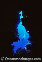 Silhouette of a Scuba Diver exploring an undersea cave. Great Barrier Reef, Queensland, Australia