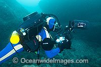 Underwater photographer and technical scuba diver, diving with a rebreather device at the Solitary Islands, Coffs Harbour, New South Wales, Australia