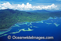 Aerial view of fringing coastal reefs. Kimbe Bay, New Britain Island, Papua New Guinea