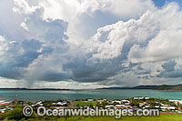 Aerial view overlooking Thursday Island settlement and Torres Strait during monsoon season. Torres Strait, Queensland, Australia