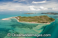 Aerial view of Friday Island showing Kazu Pearl Farm, surrounding sea grass beds and shallow sand flats. Torres Strait, Queensland, Australia