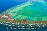 Aerial view of One Tree Island and reef lagoon, with Research Station visible. One Tree Island is a small coral cay located near the Tropic of Capricorn in the southern Great Barrier Reef, Australia, and part of the Capricorn group of Islands.