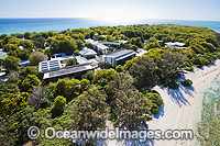 Aerial view of the Heron Island Research Station, which is run and operated by the University of Queensland. Heron Island, Great Barrier Reef, Qld, Australia.