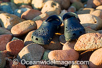 Beach Scene - reef walking shoes resting on beach rock exposed during low tide. Hayman Island, Whitsunday Islands, Queensland, Australia