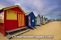 Brighton Beach famous bathing boxes, or boatsheds, situated on Brighton beach near Melbourne. Port Phillip Bay, Victoria, Australia.