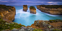 Port Campbell National Park, showing sea stacks, Tom and Eva, named after the two teenage survivors of the Loch Ard shipwreck. Previously known as Island Archway, but renamed after the land bridge collapsed in 2009. Vic, Australia