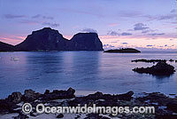 Tranquil colours of Lord Howe Island Lagoon with Mount Lidgbird and Mount Gower in distant background. Lord Howe Island, World Heritage National Park, New South Wales, Australia.