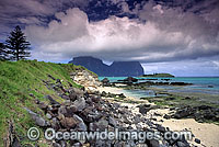Coastal view of Lord Howe Island Lagoon with Mount Lidgbird and Mount Gower in distant background. Lord Howe Island, World Heritage National Park, New South Wales, Australia.