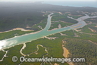 Aerial view of coastal mangrove wetland, situated close to Curtis Island, Gladstone, Queensland, Australia.