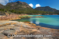 Honeymoon Bay and The Hazards mountain range. Freycinet Natiional Park, Tasmania, Australia.