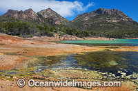 Honeymoon Bay and The Hazards mountain range. Freycinet Natiional Park, Tasmania, Australia.