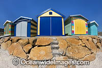 Beach bathing boxes, or boatsheds, situated on Safety Beach. Mornington Peninsula, Port Phillip Bay, Victoria, Australia.