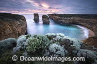 Port Campbell National Park, showing sea stacks, Tom and Eva, named after the two teenage survivors of the Loch Ard shipwreck. Previously known as Island Archway, but renamed after the land bridge collapsed in 2009. Vic, Australia.