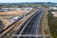 Train lines, which carry coal to Gladstone Port for export, Gladstone, Queensland, Australia. The Port of Gladstone is one of the world's top five coal export ports, handling in excess of 50 million tonnes of coal per annum.