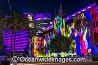 Museum of Contemporary Art building decorated in video light during Vivid Sydney's 2017 festival of light, music and ideas. Sydney, New South Wales, Australia.