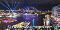 Sydney Harbour Bridge and City decorated in video light during Vivid Sydney's 2017 festival of light, music and ideas. Sydney, New South Wales, Australia.