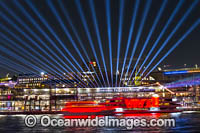 Sydney City buildings decorated in video light during Vivid Sydney's 2017 festival of light, music and ideas. Sydney, New South Wales, Australia.