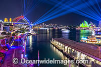 Sydney Harbour Bridge and City decorated in light during Vivid Sydney's 2018 festival of light, music and ideas. Sydney, New South Wales, Australia.