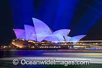 Sydney Opera House decorated in projected light during the Vivid Sydney 2023 festival of light, music and ideas. Sydney, New South Wales, Australia.