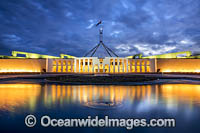 Parliament House at night, Capital Hill, Canberra. Parliament House is the meeting facility of the Parliament of Australia, situated in the Australian Capital Territory, Australia.
