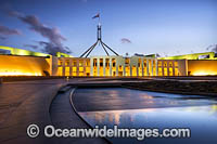 Parliament House at night, Capital Hill, Canberra. Parliament House is the meeting facility of the Parliament of Australia, situated in the Australian Capital Territory, Australia.