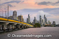 View of Sundale Bridge and the city of Surfers Paradise during dusk. Surfers Paradise, Queensland, Australia.