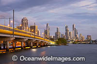 View of Sundale Bridge and the city of Surfers Paradise during dusk. Surfers Paradise, Queensland, Australia.
