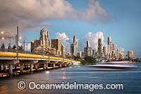 Dusk view of Sundale Bridge and the city of Surfers Paradise. Surfers Paradise, Queensland, Australia.