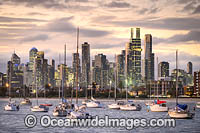 Overlooking Port Phillip Bay at St Kilda, across to Melbourne City. Victoria, Australia.